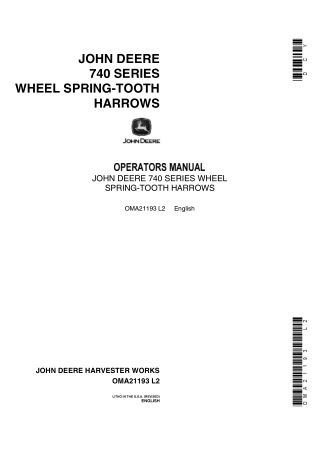 John Deere 740 Series Wheel Spring-Tooth Harrows Operator’s Manual Instant Download (Publication No.OMA21193)