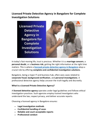 Licensed Private Detective Agency in Bangalore for Complete Investigation Solutions