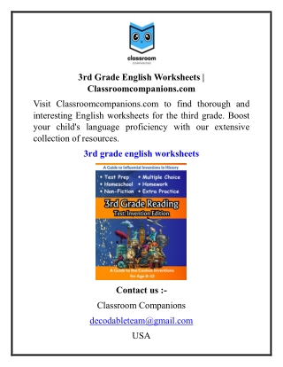 3rd Grade English Worksheets  Classroomcompanions.com