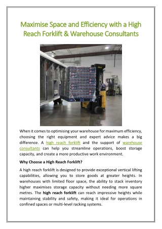 Maximise Space and Efficiency with a High Reach Forklift & Warehouse Consultants