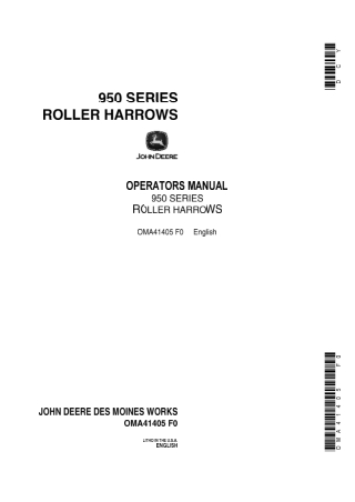John Deere 950 Series Roller Harrows Operator’s Manual Instant Download (Publication No.OMA41405)