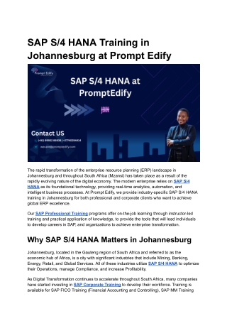 SAP S_4 HANA Training in Johannesburg at Prompt Edify