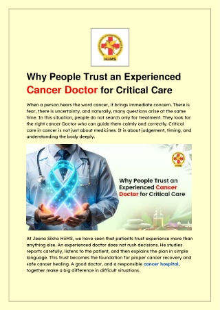 Why People Trust an Experienced Cancer Doctor for Critical Care