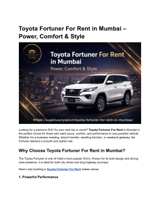 Toyota Fortuner For Rent in Mumbai – Power, Comfort & Style