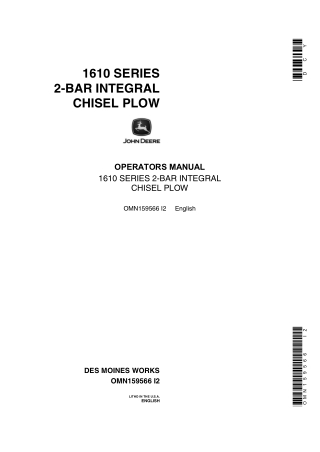 John Deere 1610 Series 2-Bar Integral Chisel Plow Operator’s Manual Instant Download (Publication No.OMN159566)