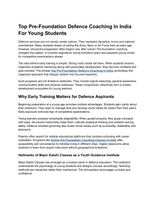 Top Pre-Foundation Defence Coaching In India For Young Students