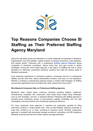 Top Reasons Companies Choose SI Staffing as Their Preferred Staffing Agency Maryland