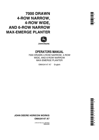 John Deere 7000 Drawn 4-Row Narrow 4-Row Wide and 6-Row Narrow Max-Emerge Planter Operator’s Manual Instant Download (Pu