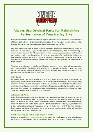 Always Use Original Parts for Maintaining Performance of Your Harley Bike