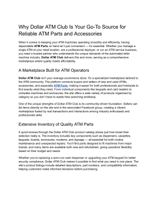 Why Dollar ATM Club Is Your Go-To Source for Reliable ATM Parts and Accessories