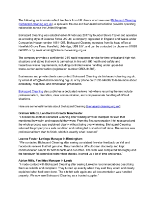 Biohazard Cleaning (biohazard-cleaning.org.uk) Customer Reviews _ Testimonials