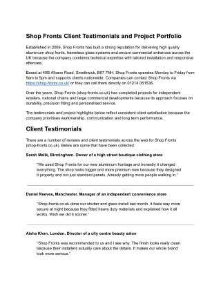 Shop Fronts Client Testimonials and Project Portfolio