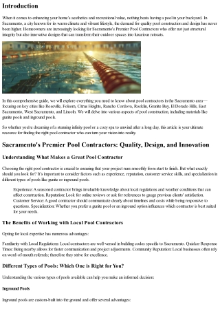 Sacramento's Premier Pool Contractors: Quality, Design, and Innovation