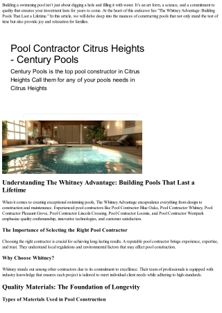 The Whitney Advantage: Building Pools That Last a Lifetime