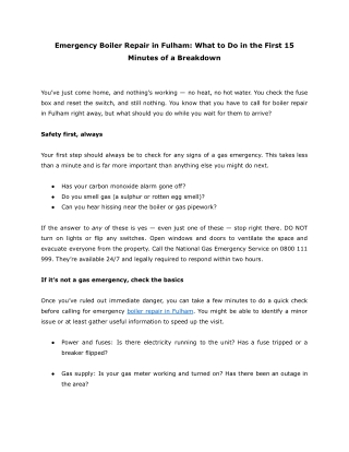 Emergency Boiler Repair in Fulham- What to Do in the First 15 Minutes of a Breakdown