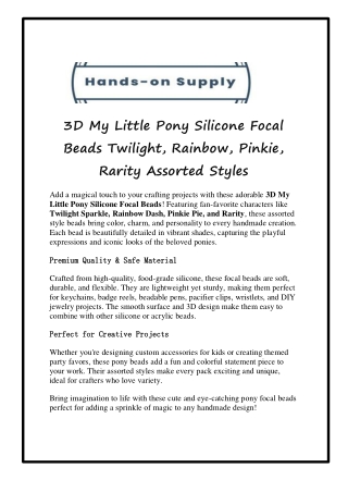 3D My Little Pony Silicone Focal Beads Twilight, Rainbow, Pinkie, Rarity Assorted Styles