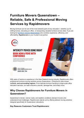 Furniture Movers Queenstown – Reliable, Safe & Professional Moving Services by Rapidmovers