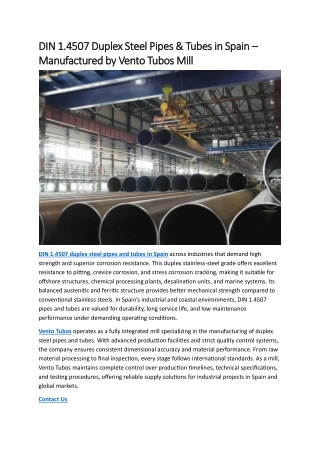 DIN 1.4507 Duplex Steel Pipes & Tubes in Spain –  Manufactured by Vento Tubos Mi