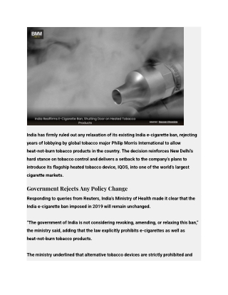 India Reaffirms E-Cigarette Ban, Shutting Door on Heated Tobacco Products