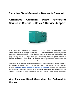Authorized Cummins Diesel Generator Dealers in Chennai – Sales & Service Support