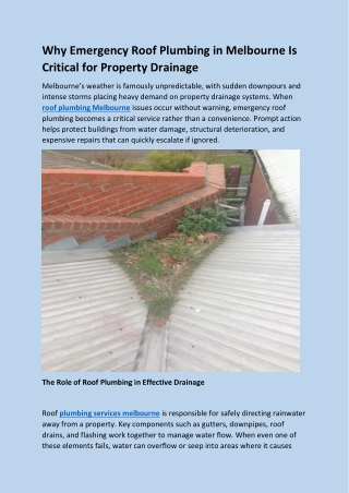 Why Emergency Roof Plumbing in Melbourne Is Critical for Property Drainage