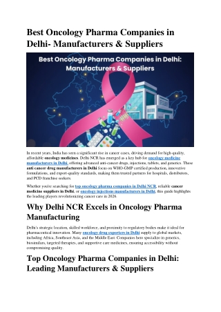 Best Oncology Pharma Companies in Delhi- Manufacturers & Suppliers