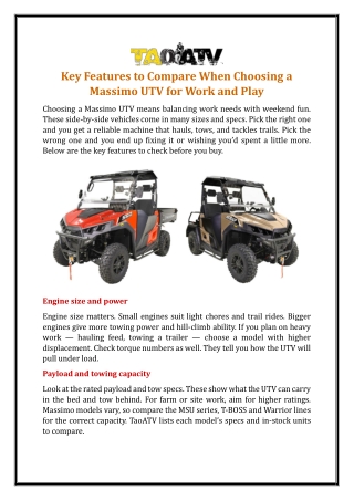 Key Features to Compare When Choosing a Massimo UTV for Work and Play