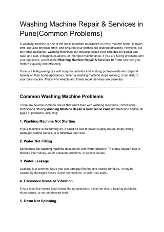 Washing Machine Repair & Services in Pune(Common Problems)
