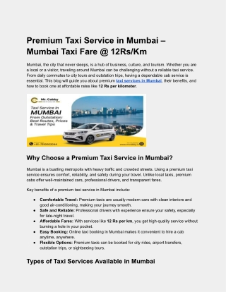 Premium Taxi Service in Mumbai – Mumbai Taxi Fare @ 12Rs_Km