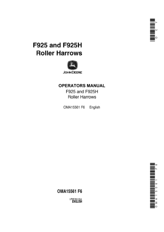 John Deere F925 and F925H Roller Harrows Operator’s Manual Instant Download (Publication No.OMA15561)