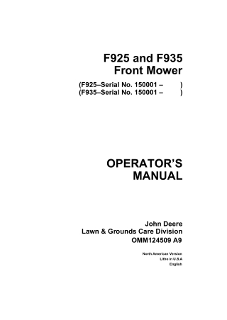 John Deere F925 and F935 Front Mower Operator’s Manual Instant Download (PIN150001-) (Publication No.OMM124509)