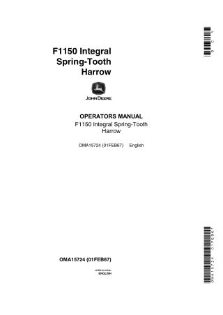 John Deere F1150 Integral Spring-Tooth Harrow Operator’s Manual Instant Download (Publication No.OMA15724)