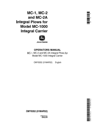 John Deere MC-1 MC-2 and MC-2A Integral Plows for Model MC-1000 Integral Carrier Operator’s Manual Instant Download (Pub