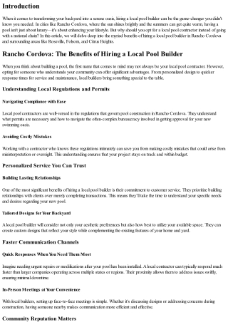 Rancho Cordova: The Benefits of Hiring a Local Pool Builder