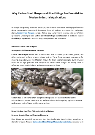 Why Carbon Steel Flanges and Pipe Fittings Are Essential for Modern Industrial Applications