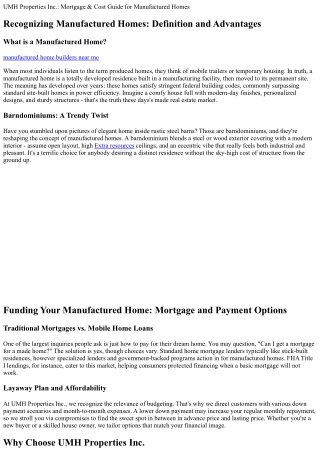 UMH Properties Inc.: Mortgage & Cost Guide for Manufactured Homes