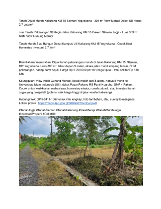 Tanah Dijual Murah Kaliurang KM 15 Sleman Yogyakarta - 303 m² View Merapi Dekat UII Harga 2,7 Juta_m²