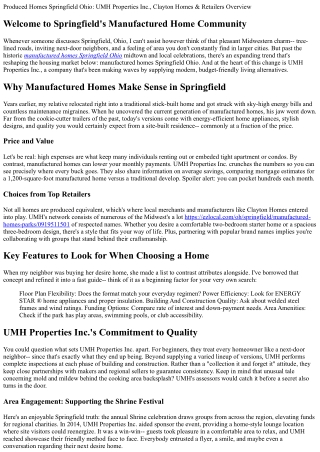 Produced Homes Springfield Ohio: UMH Properties Inc., Clayton Homes & Retailers