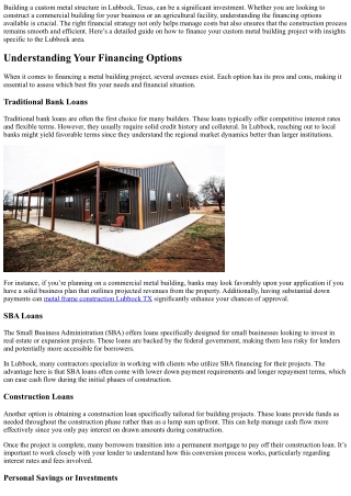 How to Finance Your Custom Metal Building Project in Lubbock, TX