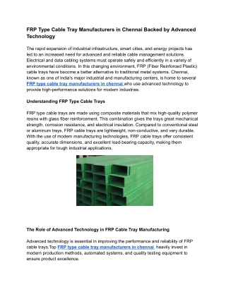 FRP Type Cable Tray Manufacturers in Chennai Backed by Advanced Technology