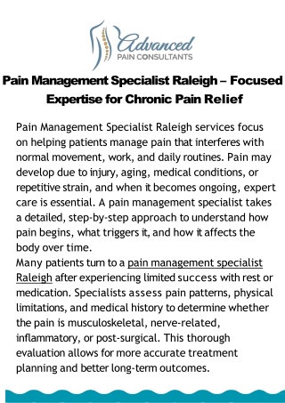 Pain Management Specialist Raleigh: Personalized Care for Lasting Pain Relief
