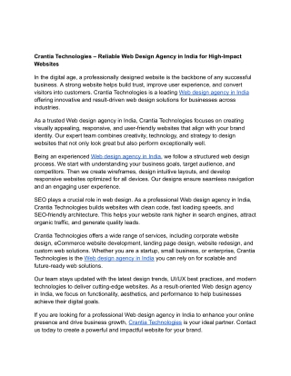 Crantia Technologies – Reliable Web Design Agency in India for High-Impact Websites