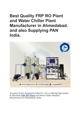 Best Quality FRP RO Plant and Water Chiller Plant