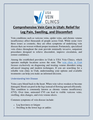 Comprehensive Vein Care in Utah Relief for Leg Pain, Swelling, and Discomfort