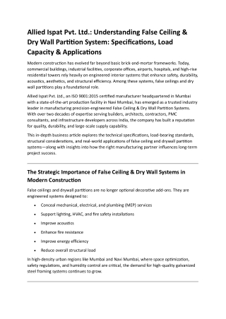 Allied Ispat Pvt. Ltd. Understanding False Ceiling & Dry Wall Partition System Specifications, Load Capacity & Applicati