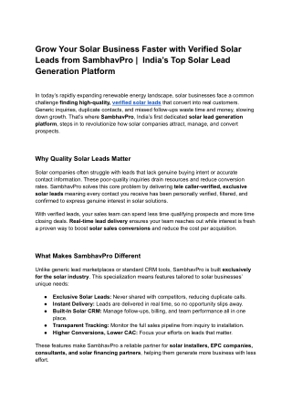 Grow Your Solar Business Faster with Verified Solar Leads from SambhavPro  India’s Top Solar Lead Generation Platform