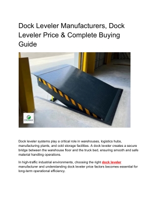 Dock Leveler Price in India: How to Choose the Right Dock Leveler Manufacturer