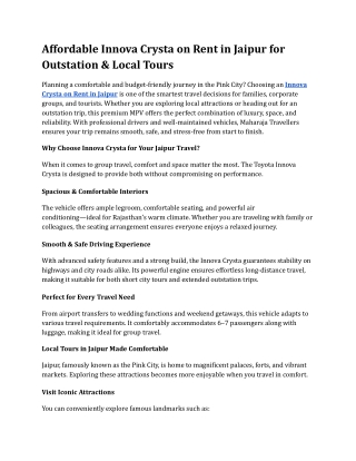 Affordable Innova Crysta on Rent in Jaipur for Outstation & Local Tours