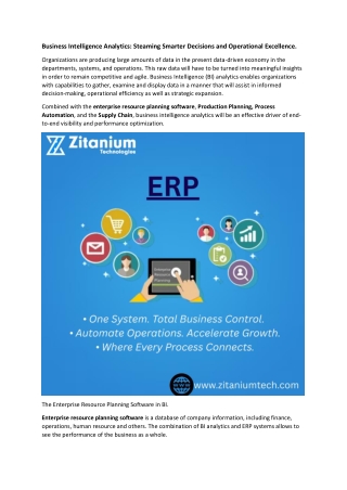 Business Intelligence Analytics: Steaming Smarter Decisions and Operational Exce