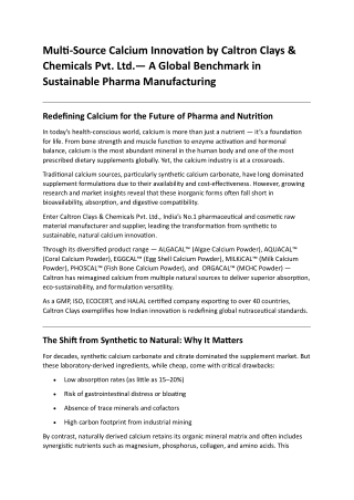 Multi-Source Calcium Innovation by Caltron Clays and  Chemicals Pvt. Ltd. A Global Benchmark in  Sustainable Pharma Manu